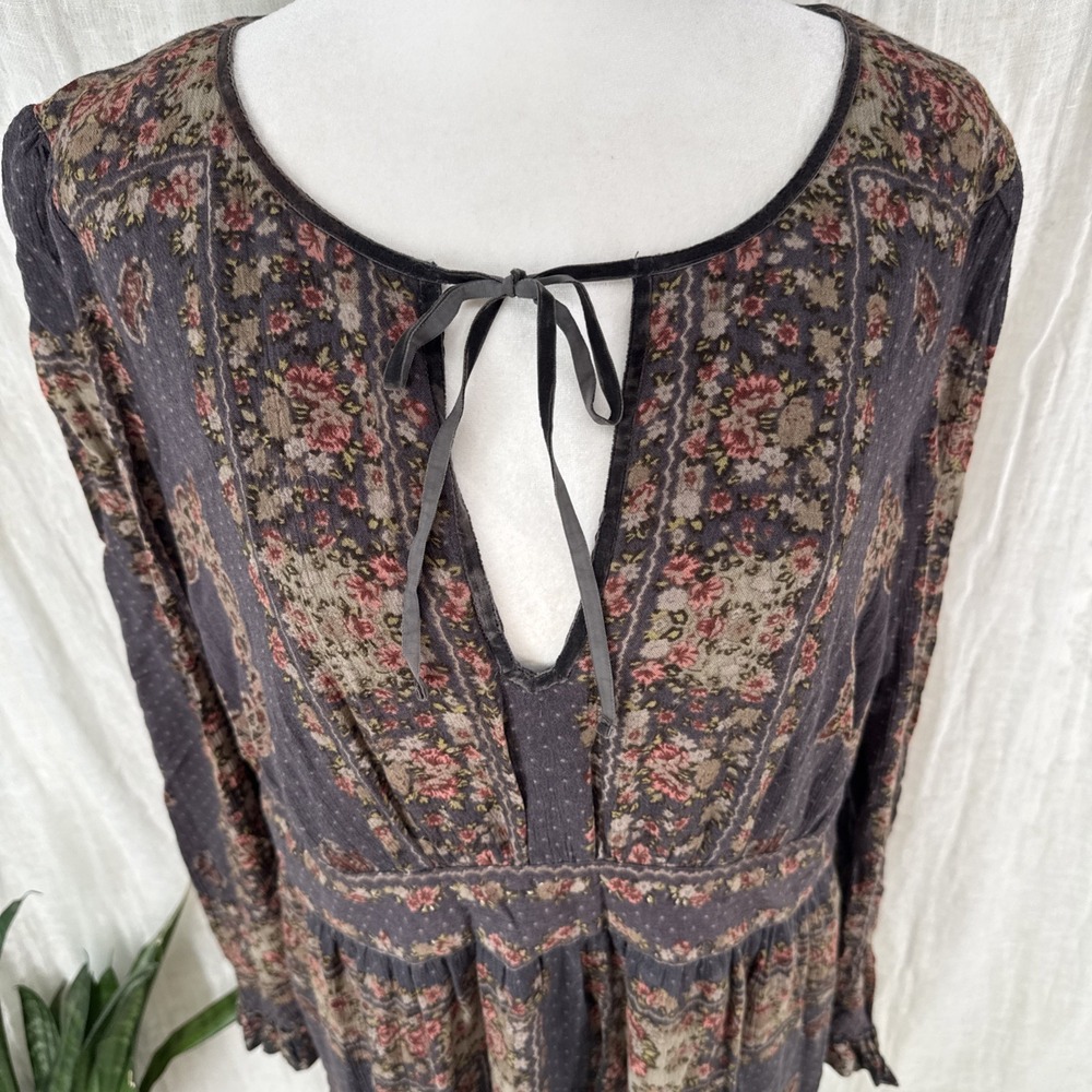 Free People Boho Cottagecore Floral Mini Dress L Prairie Peasant Festival Earthy - Picture 2 of 7